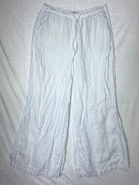 M&S white linen pants size 10 Long wide leg beach coastal vacation wear